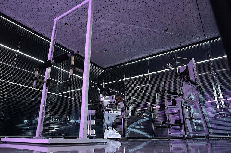 Modernes BDSM-Studio in München mit speziellen Trainingsgeräten und stilvoller Beleuchtung.