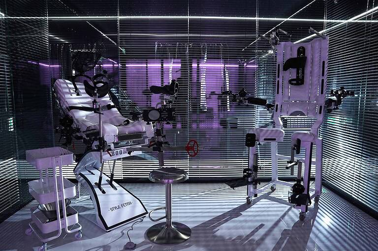 Hochwertige BDSM-Geräte im stilvollen Studio des BDSM Hotels München, perfekt für erfahrene Enthusiasten.